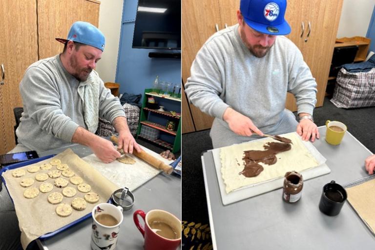 two photos of a man making pastries