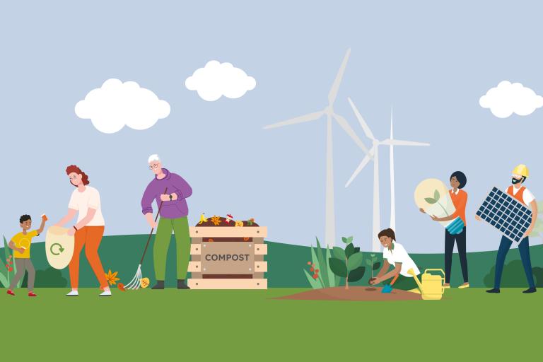 Animated image showing people taking sustainable actions such as recycling and composting.