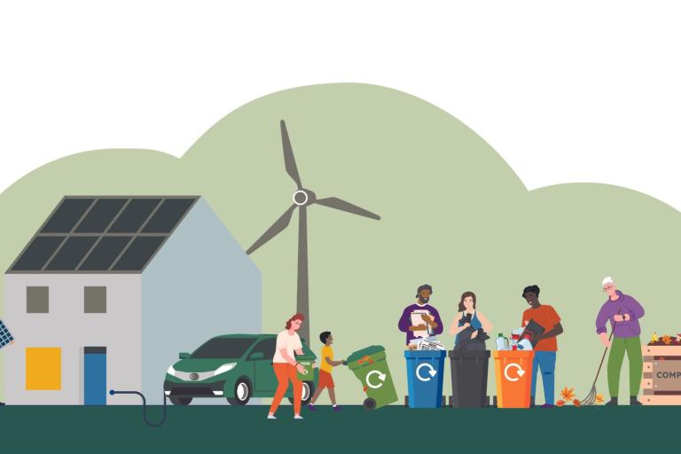 A illustration showing various elements related to the draft waste strategy, including renewable energy, recycling and composting. ,