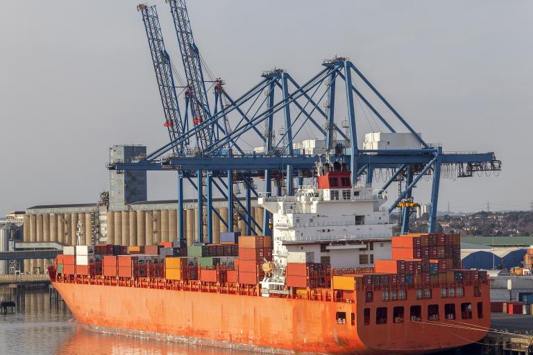 Container ship docked at Tilbury port with cranes in the background.