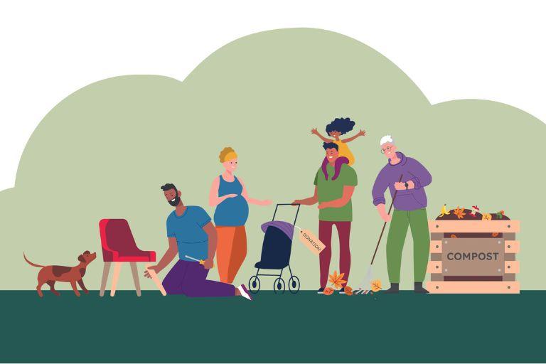 An illustration representing the circular economy, showing a man repairing a chair, someone donating a buggy, and composting.