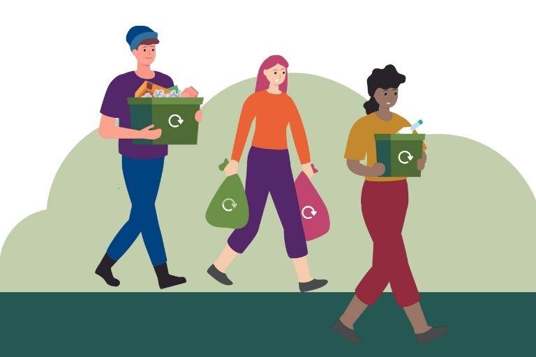 An illustration showing people carrying recycling boxes and bags