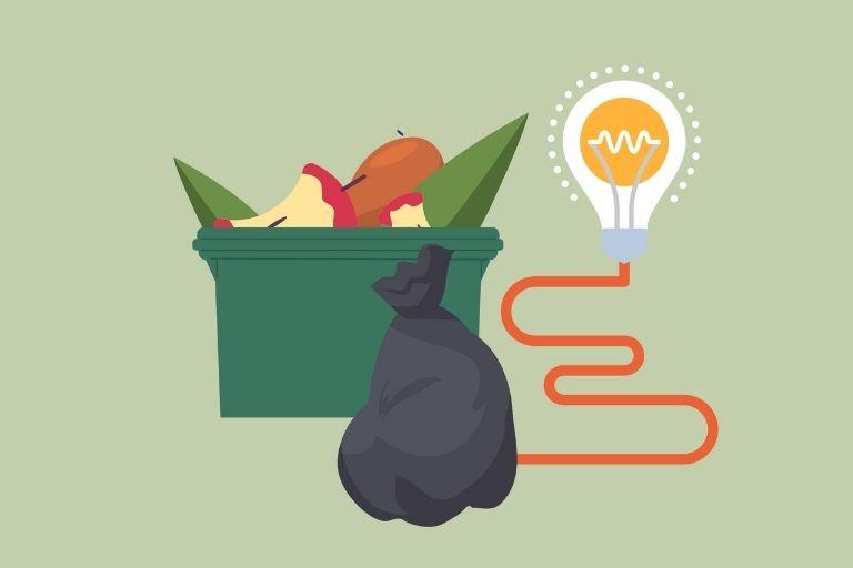 An illustration showing some recycling and waste along with a lightbulb to represent energy from waste