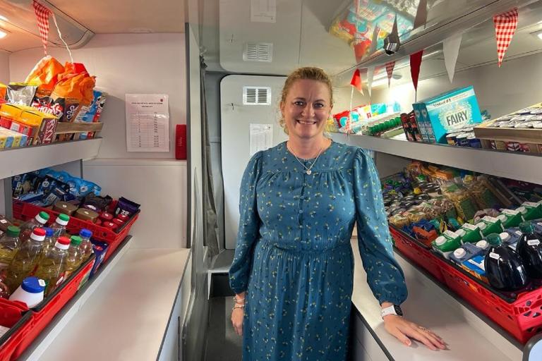 Councillor Louise McKinlay on board the community supermarket 'Stuff on the Bus’
