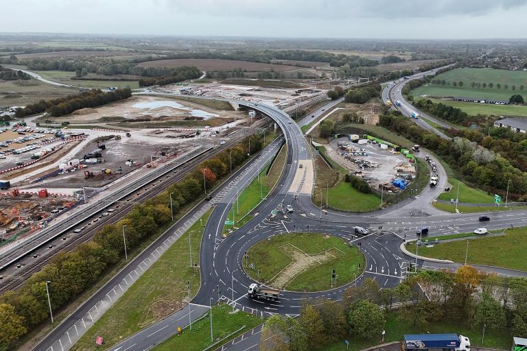 An aerial photograph of the bridge connecting Chelmsford’s new relief road with the re-aligned Boreham Interchange