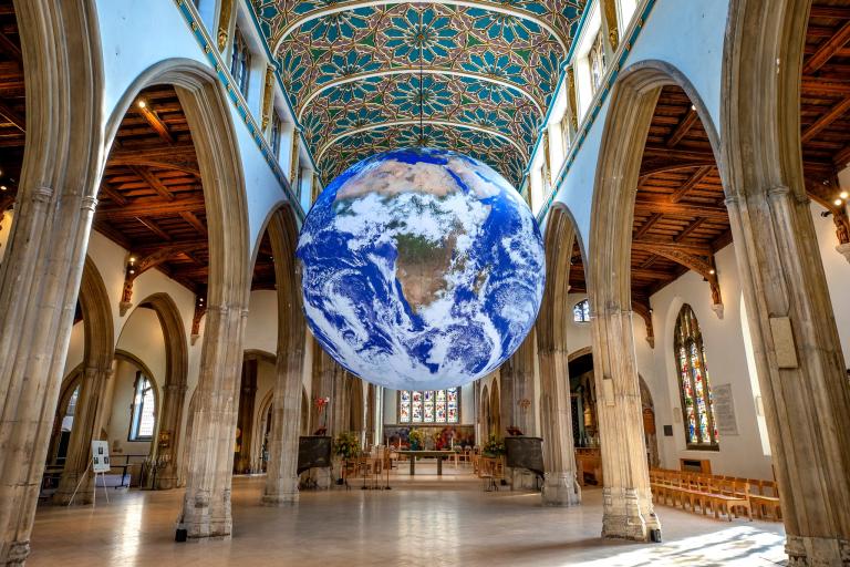 Giant globe suspended in middle of Chelmsford Cathedral.