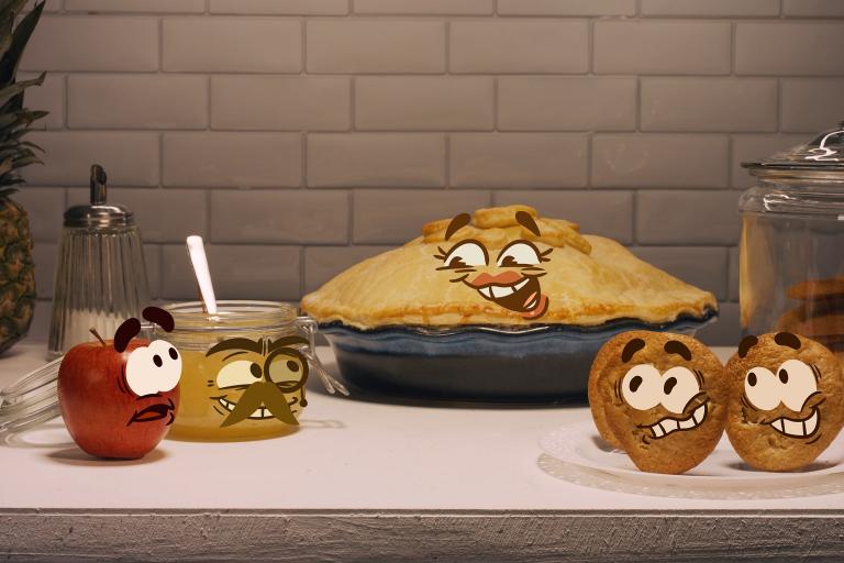 Cartoon faces on fruits and different foods.