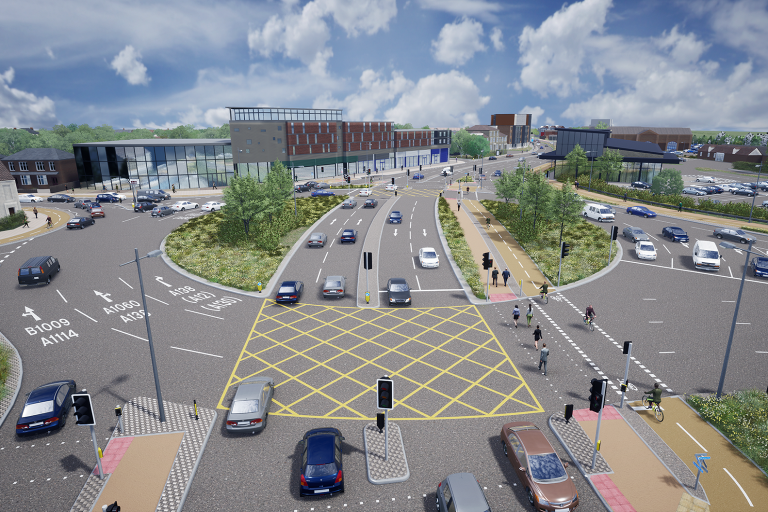 A CGI image of the proposed hamburger roundabout, a roundabout with a junction running through it, at the Army and Navy in Chelmsford