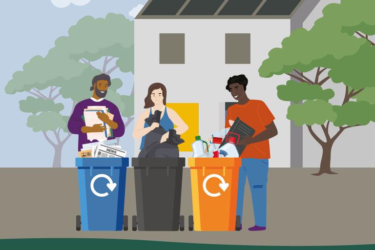 Cartoon people emptying their waste and recycling into the relevant bins