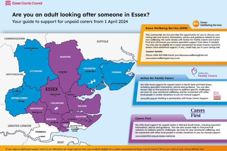 A colour coded map of Essex showing the different areas serviced by Action for Family Carers and Carers First.