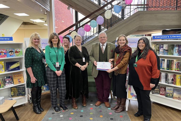 From left - Head of Libraries Juliet Pirez; Library Service Development team Sarah Moth, Kirstie Kemp and Mary Frake; Councillor Mark Durham; Elizabeth Long and Maria Wilby from RAMA.