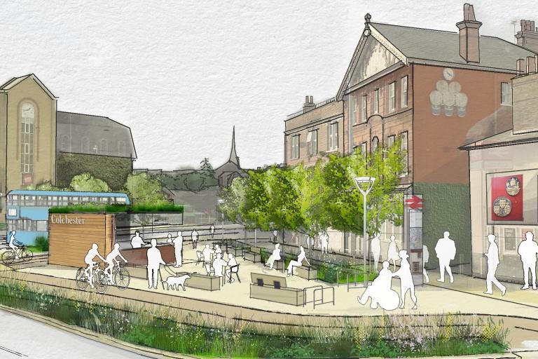 A computer generated image showing an area of public space.