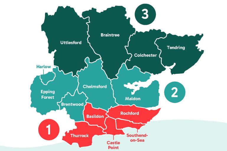 A map of Greater Essex showing district colour coded in dark green, light green and red.