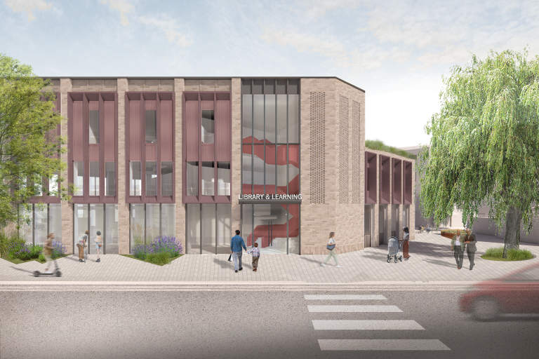 A computer generated image of a building with large glass windows. Outside is a street scene including people walking past, a car and a zebra crossing.