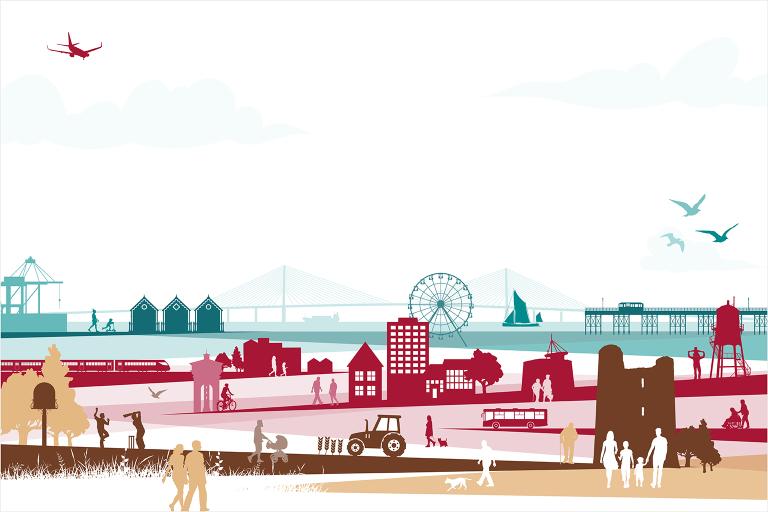 Silhouette image showing three council model across Graeter Essex, highlighting key aspects of North Essex, Mid Essex and South Essex.