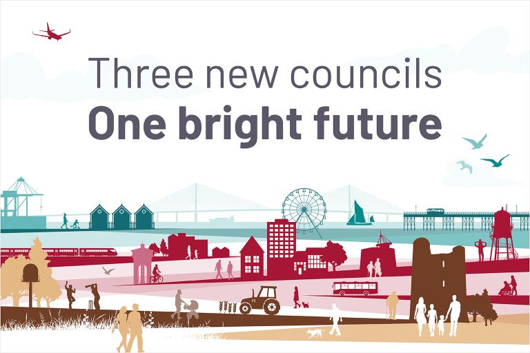 Colourful animation of a city and landscape against a white background with the text Three new councils one bright future above