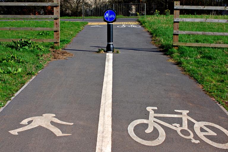 A general shot of a split pedestrian and cycle path