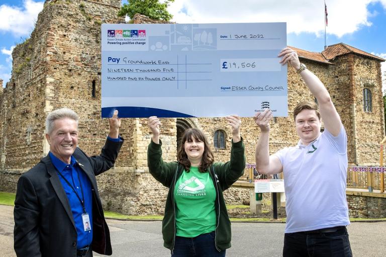 Cllr Peter Schwier, Climate Czar at Essex County Council, presenting Jane Herbert (middle) and James Newell, from Groundwork East with £19,506 grant funding. Picture credit - Paul Starr