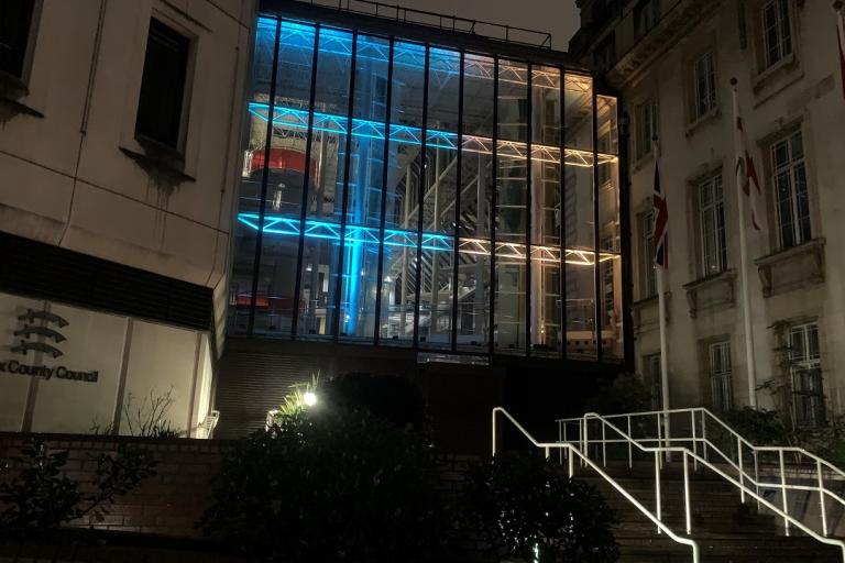 County Hall in Essex lit in the colours of the Ukrainian flag. 